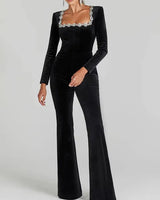 Square-Neck Velvet Jumpsuit with Long Sleeves and Flared Trousers
