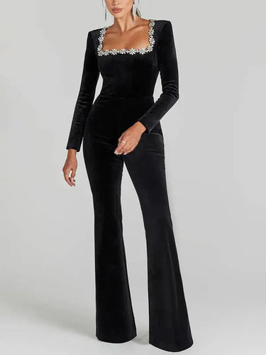 Square-Neck Velvet Jumpsuit with Long Sleeves and Flared Trousers