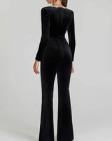 Square-Neck Velvet Jumpsuit with Long Sleeves and Flared Trousers