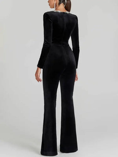 Square-Neck Velvet Jumpsuit with Long Sleeves and Flared Trousers