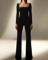 Square-Neck Velvet Jumpsuit with Long Sleeves and Flared Trousers