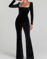 Square-Neck Velvet Jumpsuit with Long Sleeves and Flared Trousers