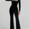Square-Neck Velvet Jumpsuit with Long Sleeves and Flared Trousers
