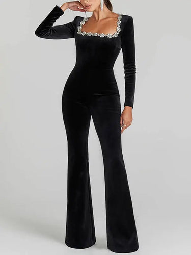 Square-Neck Velvet Jumpsuit with Long Sleeves and Flared Trousers
