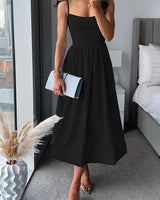 Square Neck Wedding Guest Dress with Flared Midi Skirt
