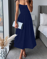Square Neck Wedding Guest Dress with Flared Midi Skirt