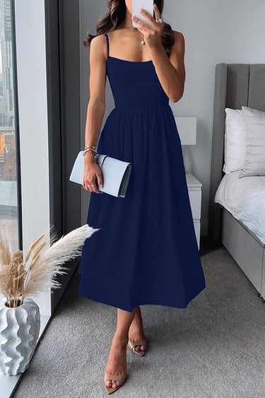 Square Neck Wedding Guest Dress with Flared Midi Skirt