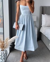 Square Neck Wedding Guest Dress with Flared Midi Skirt
