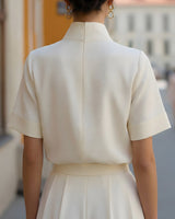 Stand Collar Short Sleeve Blouse with Lightweight Fabric
