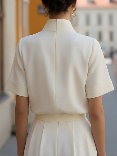 Stand Collar Short Sleeve Blouse with Lightweight Fabric