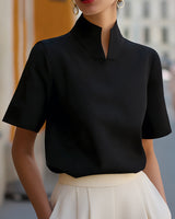 Stand Collar Short Sleeve Blouse with Lightweight Fabric