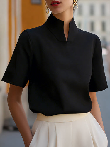 Stand Collar Short Sleeve Blouse with Lightweight Fabric