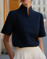 Stand Collar Short Sleeve Blouse with Lightweight Fabric