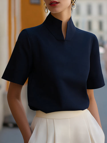 Stand Collar Short Sleeve Blouse with Lightweight Fabric