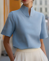 Stand Collar Short Sleeve Blouse with Lightweight Fabric