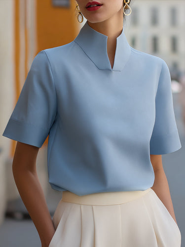Stand Collar Short Sleeve Blouse with Lightweight Fabric