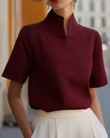 Stand Collar Short Sleeve Blouse with Lightweight Fabric