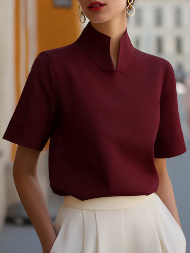 Stand Collar Short Sleeve Blouse with Lightweight Fabric