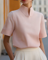 Stand Collar Short Sleeve Blouse with Lightweight Fabric