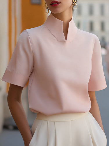 Stand Collar Short Sleeve Blouse with Lightweight Fabric