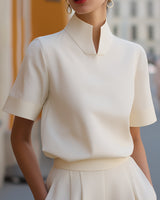 Stand Collar Short Sleeve Blouse with Lightweight Fabric