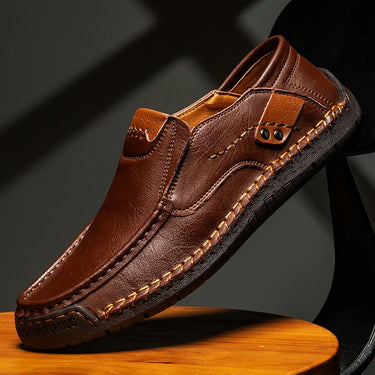 Close-up of contrast stitching detail on the toe of the loafer