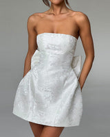 Strapless Jacquard Mini Dress with Bow Detail