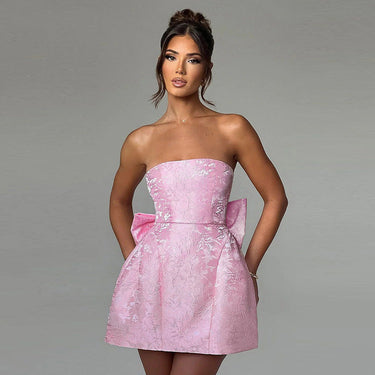 Strapless Jacquard Mini Dress with Bow Detail