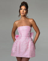 Strapless Jacquard Mini Dress with Bow Detail