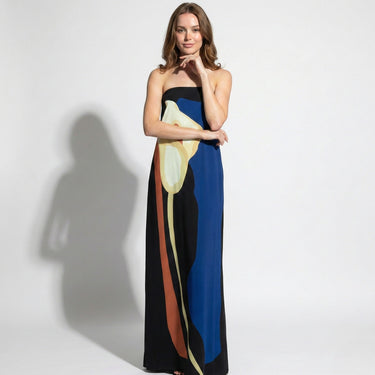Strapless Maxi Dress with Abstract Floral Print