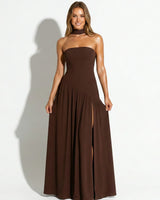 Strapless Maxi Dress with High Slit and Choker Neck