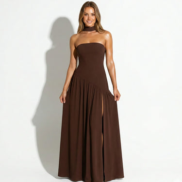 Strapless Maxi Dress with High Slit and Choker Neck