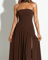 Strapless Maxi Dress with High Slit and Choker Neck