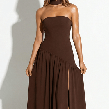 Strapless Maxi Dress with High Slit and Choker Neck