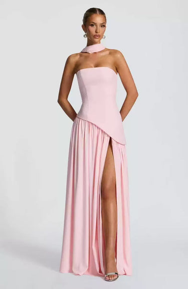 Strapless Maxi Dress with Pleated Skirt and Matching Shawl