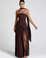 Strapless Maxi Dress with Pleated Skirt and Matching Shawl