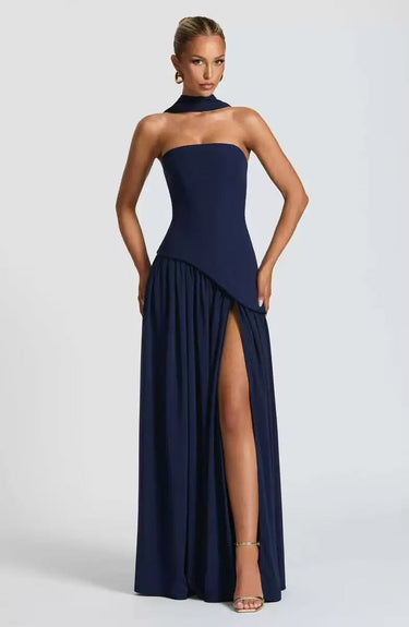 Strapless Maxi Dress with Pleated Skirt and Matching Shawl
