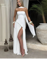 Strapless Maxi Dress with Pleated Skirt and Matching Shawl