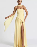 Strapless Maxi Dress with Pleated Skirt and Matching Shawl