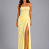 Strapless maxi dress with ruched waist and high leg slit, front view