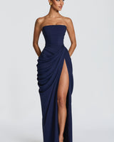 Strapless Maxi Dress with Ruched Waist and Side Slit