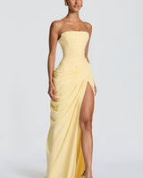 Strapless Maxi Dress with Ruched Waist and Side Slit
