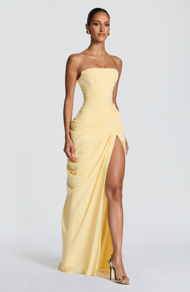 Strapless Maxi Dress with Ruched Waist and Side Slit
