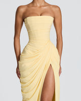 Strapless Maxi Dress with Ruched Waist and Side Slit