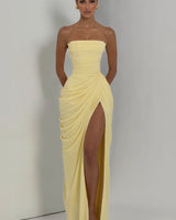 Strapless Maxi Dress with Ruched Waist and Side Slit