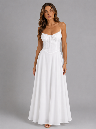 Back view of the strappy corset maxi dress showing the open strap detail