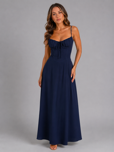 Full-length view of the maxi dress on a model at an outdoor occasion