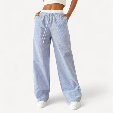 Striped High-Waisted Wide-Leg Pants with Drawstring