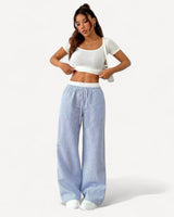 Striped High-Waisted Wide-Leg Pants with Drawstring