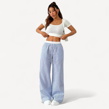 Striped High-Waisted Wide-Leg Pants with Drawstring